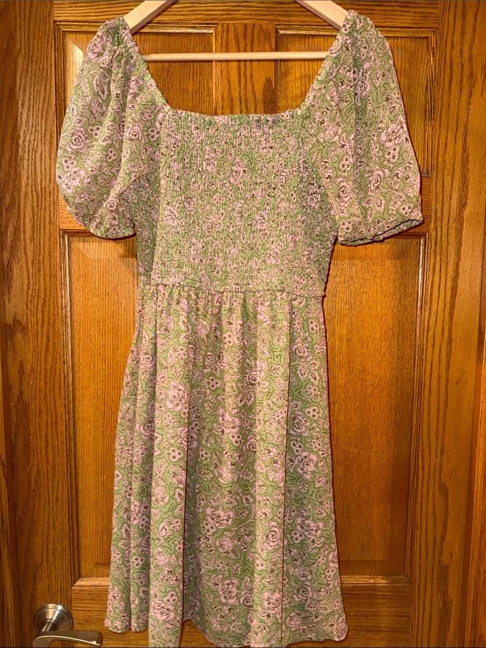 Japna Olive and Pink Floral Puff Sleeve Mini Dress - Picture 4 of 4
